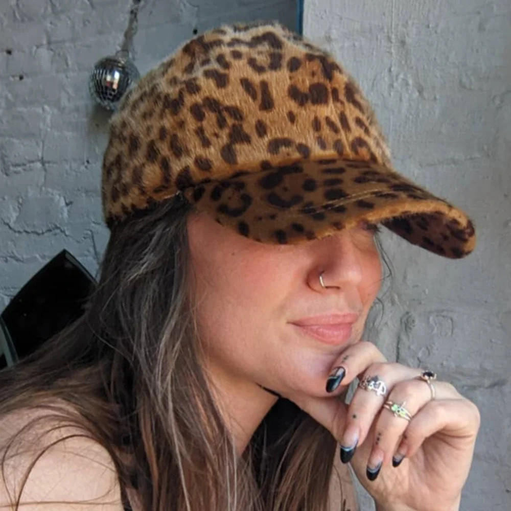 Furry Leopard Cheetah Animal Print Fur Vegan Fuzzy Sexy Chic Baseball Cap Hat